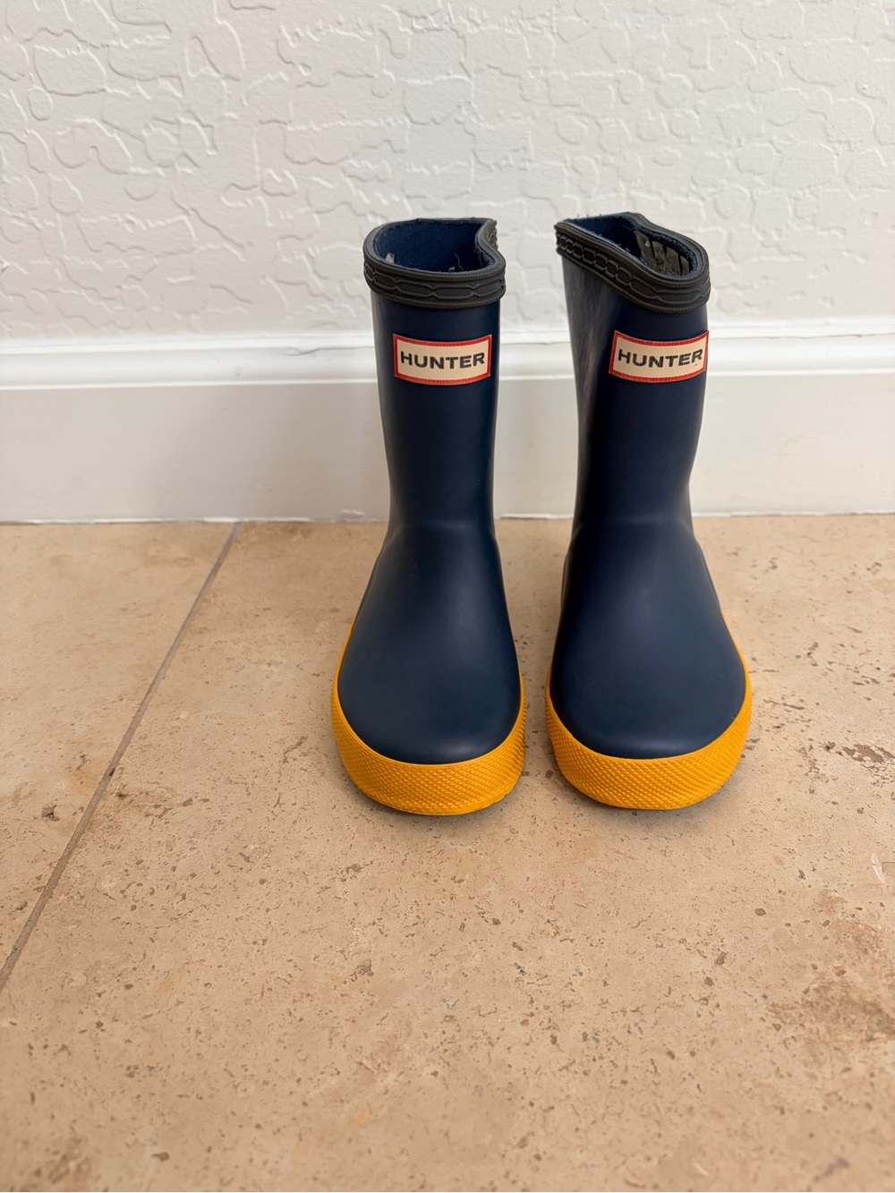 Hunter Kids Classic Rain Boots, Navy with Yellow Soles, US Size 7